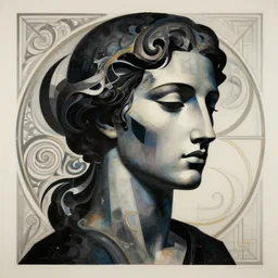 epic concept art. abstract female face silhouette mixing with black and color liquid fluid. abstract sculpture. art deco swirls. masterpiece, michelangelo. concept art, matte painting. symbolism. sacred geometry. greg rutkowski, wlop, victo ngai, kandinski