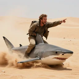 paul walker rides a shark in the desert, racing, sand, spraying sand, like lawrence of arabia, he's yelling, pointing into the distance, dust everywhere, close up