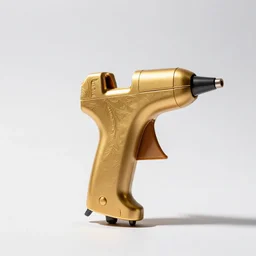 golden glue gun, studio product photography, isolated on a pure white background, centered, entire object in frame, sharp focus, soft studio lighting