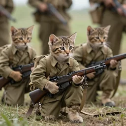 a platoon of WWII war kittens holding rifles.