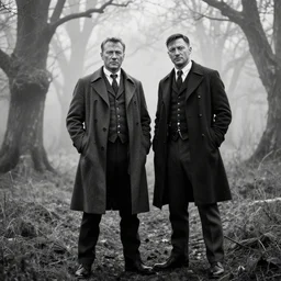 medium long shot, 3 / 4 shot, full body, of clint eastwood and tom hardy posing, in the style of peaky blinders, detalied, highly rendered, black and white, sharp, dreamy, misty woods, epic, 3 5 mm, photo by rodrigo prieto