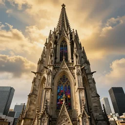 photo of : an elaborate ornate gothic cathedral is extremely tall and rises high above the modern skyscrapers and above the clouds all the way to heaven in golden rays of sunlight. the cathedral has stained - glass windows, and has many gargoyles, carvings, and statues. professional architectural photography with many small details ; heavenly, majestic ; glorious ; beautiful.