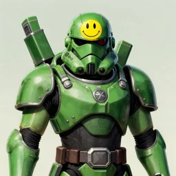 portrait of a mutant chronicles bauhaus doomtrooper, wearing green battle armor, a yellow smiley sticker centered on helmet, by moebius
