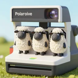 three cute human with sheep's head, furry, standed on a polaroid camera, micro - landscape, comic paint, highly details, 4 k,