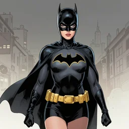 in the style of Phil Noto comicbook cover art, Karen Gillan Batgirl, fun pose, smile