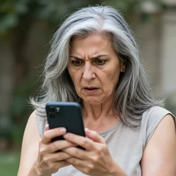 astonished and angry middle aged lady looking at smartphone, wild hair, greek ethnicity, straight grey hair, angry eyes, photo, realistic, outdoor lighting, 4 k, 8 k, hd, 3 9 mm lens