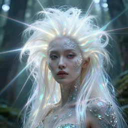 beauteous sumptuous face by h. r. giger, cinematic forest lighting, with incredible iridescent pearlescent voluminous fluorescent neon laser beam hair, delicate crystalline masterpiece tattoos, hyperdetailed face, elegant pose, movie still, intricate, octane render, unreal engine, crepuscular rays, god rays