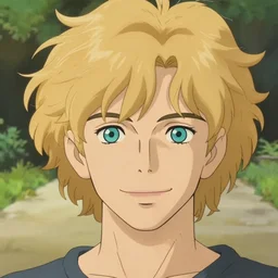 beautiful young man with medium - length, curly, golden hair, perfectly proportioned face, aquamarine eyes, long eyelashes, shy smile, natural lighting, path traced, highly detailed, high quality, cartoon, digital painting, by new haicheng and studio ghibli