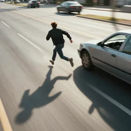 man dodging a car speeding at him, long shadows