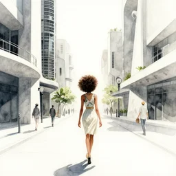 masterpiece high contrast watercolor painting of woman walking in an afro futurist pedestrianized eco city block designed by by frank lloyd wright architect, plants and trees on walkways low buildings, green energy, bicycles,, bill sienkiewicz, giant agapanthus flower from buildings wide angle, insanely detailed and intricate