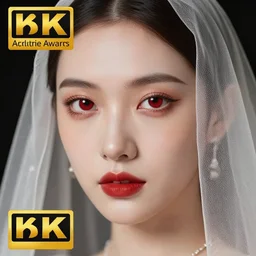 beautiful red eyed woman wearing a veil on her head, photography, award winning, 8 k resolution, macro lens, studio lighting, soft focus
