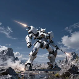 armored core v by liam wong, booster flares, legs, laser rifles, smoke, karst landscape, ; wide shot, outdoor, dark blue sky, cloud, wilderness ground, golden time, twilight ; digital oil painting, high contrast, dynamic backlighting, sharp edge, motion blur, photoreal,