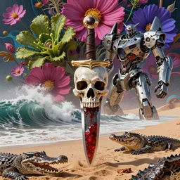 by artgerm and agostino arrivabene, visually stunning, cinematic, ultra realistic, hyper realism, 1 2 k, epic, octane render, unreal engine, vfx, maya, desert waves, skull ring, bloodstone dagger, alligator skin, cosmos, psychedelic flowers, organic, oni compound artwork, sparkling hornwort, broken android kannon mindar