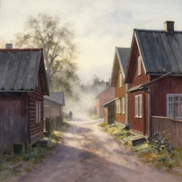watercolor painting of rustic village street at finland helsinki, ambient lighting and shadows, fog, art by hans dahl, by jesper ejsing, art by anders zorn, wonderful masterpiece by greg rutkowski, cinematic light