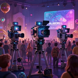 animated film festival, psychadelic cameras and projectors, metaverse crowds, 3 d render