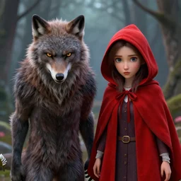 werewolf and red riding hood staring at you, 3d scene, render, ultra realistic, zenith view, Greg Rutkowski, Frank Frazetta, Richard Corben, artstation, cgsociety, unreal engine, 3d scene, render, ultra realistic