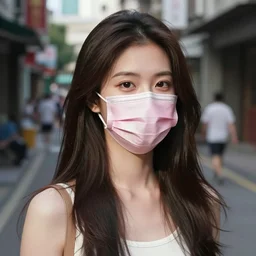 taiwanese young woman wears pink medical mask, in the streets