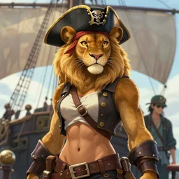 beautiful portrait of a female anthropomorphic lioness fursona pirate captain on a pirate ship. exposed midriff and muscular abs. character design by charlie bowater, ross tran, artgerm, and makoto shinkai, detailed, soft lighting, rendered in octane