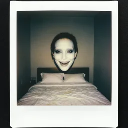 Polaroid photography of a pale smiling face floating ominously at the end of a bed