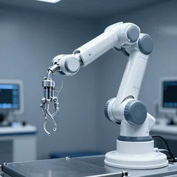 a complex thick bifurcated robotic cnc surgical arm cybernetic symbiosis hybrid mri 3 d printer machine making large ferrari motors in inspection laboratory control panel room, 4 k, large monitor screens, knobs, drone camera lens orbs, octane render, windows, architectural photography, f 1 8, still from movie by denis villeneuve,