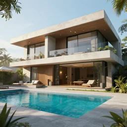 modern mansion with pool from cyberpunk 2 0 7 7. daylight. sunlight. light fixtures. 8 k. detailed. photorealism. artstation. 2 5 mm f / 1. 7 asph lens. ultra realistic