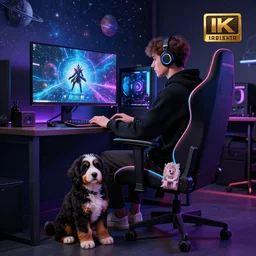 a young male gamer sitting in gaming chair wearing a hoodie + neon rgb light strips, large computer monitor, space themed walls, cute bernedoodle puppy sitting at his feet, 4 k, award winning, octane render, volumetric lighting