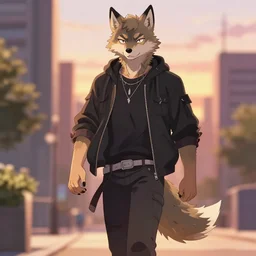 key anime visual of a handsome male anthro wolf furry fursona wearing an edgy outfit as he walks outdoors in a city at sunset, official modern anime scene - 9