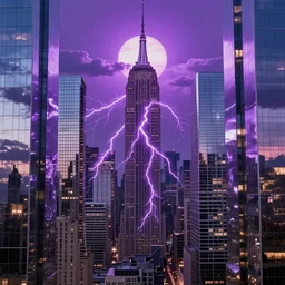 of a futuristic photo - realistic new york city with mirrored windows in shiny crystalline : 7, highly symetrical, balanced, purple lightening : 3, octane render, clouds : 2, violet sun : 4, in the style of sahm : 3, hd, ultra - realistic, hyper - realistic, digital art,