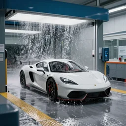 a very high resolution image from a new movie. a single sportive car going through an automatic carwash. 2 4 mm, photorealistic, water, automatic, photography, car photography, directed by wes anderson