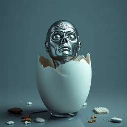 silver egg cup, vin diesel head in egg cup, head is an egg, eggshell cracking, hyper detailed, digital art, artstation, cinematic lighting, studio quality, smooth render, by peter mohrbacher, hajime sorayama, boris vallejo, craig mullins