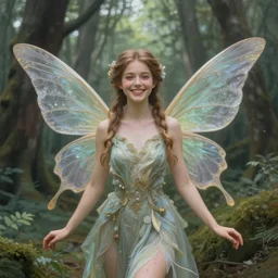 beautiful happy forest fairy in a scenic woods, sweet, graceful wings muted colors, sharp focus, high fantasy art, fairy aesthetics, intricate, elegant, highly detailed, hyperrealistic painting, artstation, concept art, v painterly, dreamy, soft illumination, hasselbrad photography, illustration, art by artgerm and scot howden