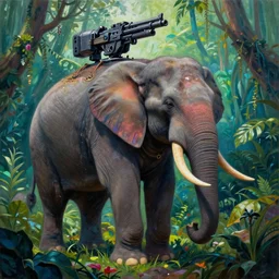 war cyberpunk elephant with machine gun mounted in a vivid color jungle, 4 k, detailed, high resolution oil painting