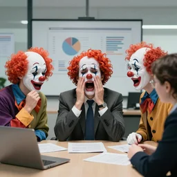 Sad clowns are forced to listen to a boring man in a suit, during a business corporate meeting, in an office with charts. The clowns are crying. 8k digital art