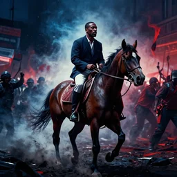 a photo of a man riding a horse in the middle of the george floyd riots, dark, blue, red, white, cinematic lighting, by alan lee, intricate, grim, digital art, trending on artstation