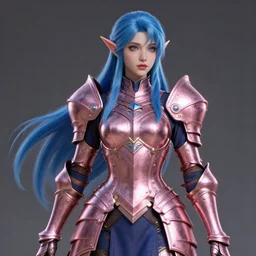 a beautiful and highly detailed digital illustration of a female elven paladin with blue hair in rose gold armor, a digital painting by lu ji and karol bak, cgsociety, fantasy art, cryengine, concept art, photorealism, daz 3 d, sketchfab, zbrush