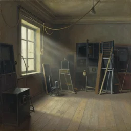 a gouache painting of a backstage area in an old theater, dusty, light coming from a small window on the side of the picture, ropes, theater equipment, backside of scenography elements, wooden floor boards, gloomy lighting, painted by otto dix, magritte, chagall and peter weiss