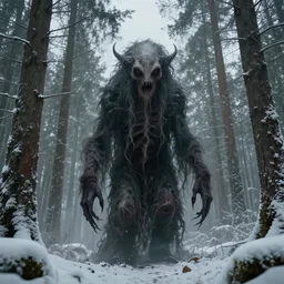 creepy eldritch monster in a swedish forest in the winter, very low angle photograph, very detailed, trending on artstation, realistic, soft colors, simon stålenhag, lovecraft, horror