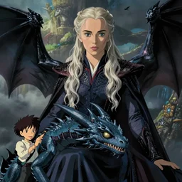 daenerys targaryen with a young dragon by greg rutkowski, makoto shinkai, takashi takeuchi, studio ghibli, akihiko yoshida, rule of thirds, seductive look, beautiful