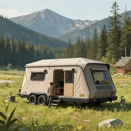 cabela's beautiful comfortable futuristic pop up insulated all terrain family pod, cabin, modular, person in foreground, mountainous forested wilderness open fields, beautiful views, painterly concept art, joanna gaines, environmental concept art, farmhouse, magnolia, concept art illustration by ross tran, by james gurney, by craig mullins, by greg rutkowski trending on artstation