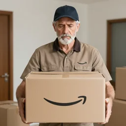 Photo of a sad old man in an Amazon uniform holding an empty cardboard box