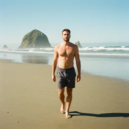 a film photo of a man, athletic, walking on beach in Oregon, facing camera, Kodak gold 200 film