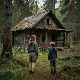 a girl and his brother that is lost in the middle of a forest, infront of them is a mysterious dirty dusty cabin wooden house