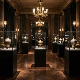 upscale mysterious private auction, unnameable relics on display, moody lighting, extravagant details, lobby in the distance, elite