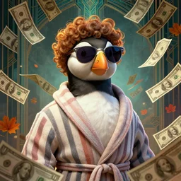 portrait, anthropomorphic puffin, striped bathrobe, curly hair, electric sunglasses, surrounded by floating autumn dollar bills, fantasy, detailed, intricate, luminescent, elegant, coherent, by mandy jurgens, hannah yata and kay sage, donato giancola, detailed, artstation, cinematic lighting, artdeco, art deco outrun aesthetic