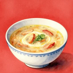 bowl of soup, kseniia yeromenko, rob duenas, watercolor, illustration, red background, highly detailed