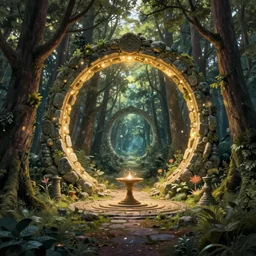 Fantasy Magical fairy-tale glowing stone portal in the forest. Round stone portal teleport in trees to other worlds. Fantastic landscape. Magic Altar in the fores, highly detailed, digital painting, concept art, smooth, sharp focus, illustration, art by  greg rutkowski