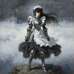 baroque oil painting of anime key visual concept art of anime wanderer above the sea of fog 1 8 1 8 but figure is anime maid in armor set in grimdark fantasy, trending on artstation, palette knife and brush strokes, oil on canvas, makoto shinkai greg rutkowski studio ghibli