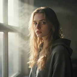 very very beautiful mysterious photograph of emily skinner looking like annie leonhart in a hoodie standing next to a window god rays shining on her from the sunlight, volumetric fog, smoke, depth of field, beautiful composition, very very very beautifull face, on artstation and instagram, ray tracing