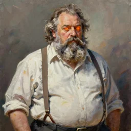 palette knife oil painting of professor clay, middle - aged, thickset, barrel chest, voluminous, salt - and - pepper beard. eyes smolder like embers. dress shirt and suspenders, sleeves rolled, tie loosened. extreme detail. artstation trending, artgerm, deviant art, octane, substance, art history 8 k