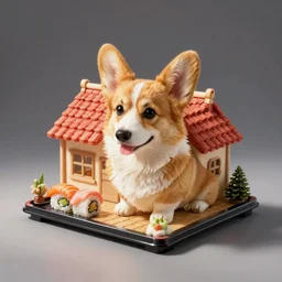 A cute corgi lives in a house made out of sushi
